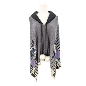 Secrets Graphic Hooded Wool Blend Poncho‎ with Pom Ties – One Size